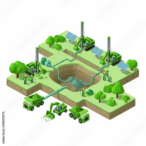 Isometric Green Mining Operation with Eco-Friendly Equipment and Solar Panels.