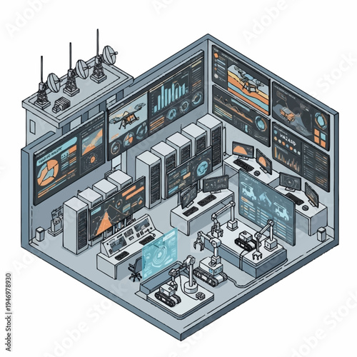 Isometric illustration of a high-tech military command center with multiple screens and robotic systems.