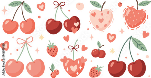 Cute cherries and strawberries with hearts romantic fruit collection sweet love theme colorful flat vector illustration