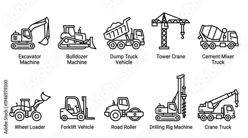 A clean vector graphic set featuring outline icons of various heavy construction machines on a white background, perfect for industry related projects.