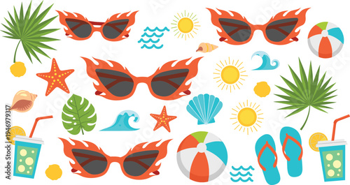 Summer beach elements collection with flaming sunglasses palm leaves starfish waves flip flops drinks and beach ball tropical flat vector illustration