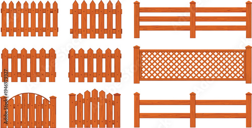 Vector illustration set of various garden fence and gate designs featuring rustic wooden pickets, metal security bars, ranch rails, and classic backyard entry styles.
