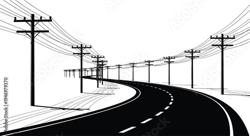 Black and white vector illustration of curved road, utility poles with power lines, perspective drawing, infrastructure design, minimal style, geometric symmetry artwork
