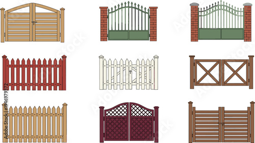 Vector illustration set of various wooden and metal garden gates and fence designs featuring rustic picket styles, wrought iron detailing, and classic ranch entries.