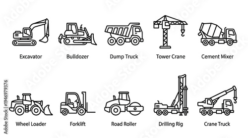 A clean, modern set of black and white line icons depicting various heavy construction vehicles and equipment against a white background.