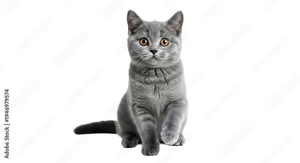 Fototapeta premium A gray cat sitting on transparent background with yellow eyes looking directly at the camera
