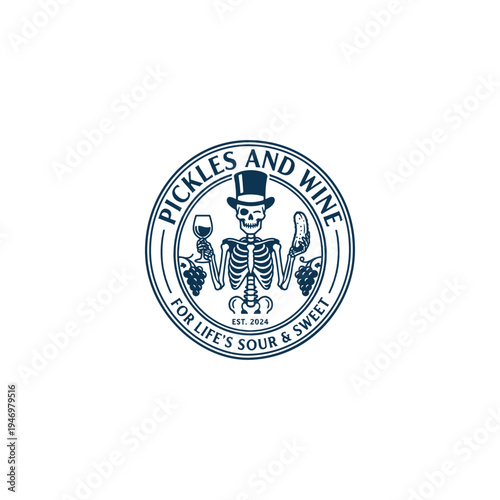 Vintage Pickles and Wine emblem logo with classical artwork