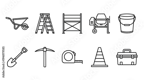 A collection of clean line art icons representing various construction tools, including a wheelbarrow, ladder, scaffolding, concrete mixer, bucket, shovel, pickaxe, measuring tape, traffic cone.
