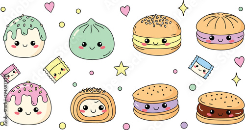 Cute kawaii dessert characters collection with macarons buns dumplings and sweet pastries smiling cartoon food flat vector illustration