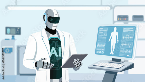 Robot doctor wearing lab coat holding tablet in futuristic medical lab with computer displaying human anatomy and vital signs.