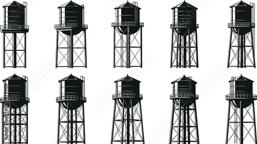 Black and white water tower illustrations, industrial architecture vector set, vintage infrastructure design, metal beam structures, cylindrical tanks, conical roofs, ladders, railings
