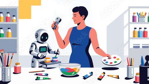 Woman and robot painting together with colorful paints and brushes android.
