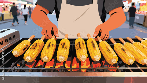 Street vendor grilling corn on a barbecue at an outdoor market street food.