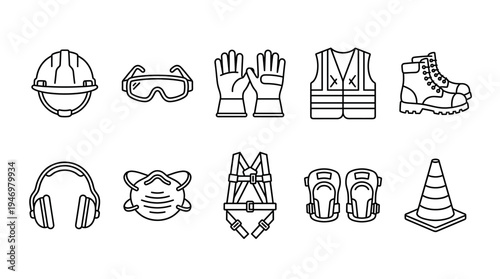 A collection of line art icons representing essential personal protective equipment for construction and industrial work, emphasizing safety and protection.