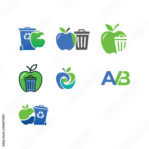 Eco-friendly apple and recycling bin icon set for waste management