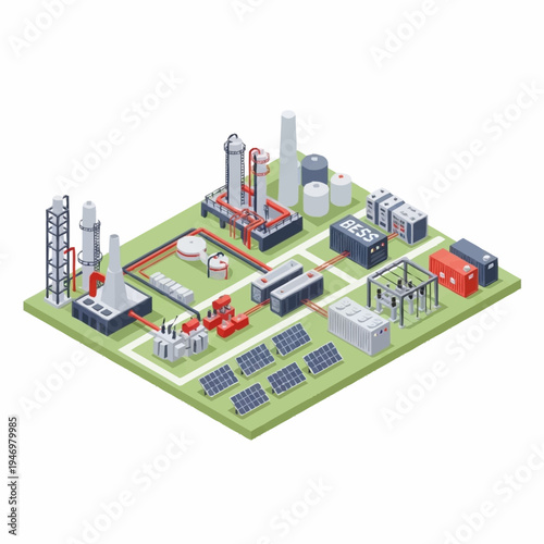 Isometric industrial complex with solar panels and energy storage.