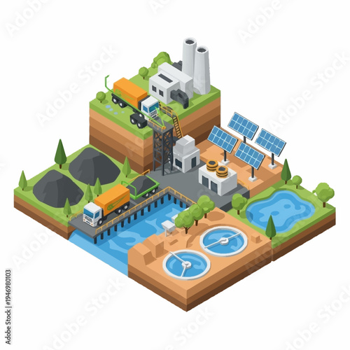 Isometric Industrial Landscape with Power Plants and Renewable Energy Sources.
