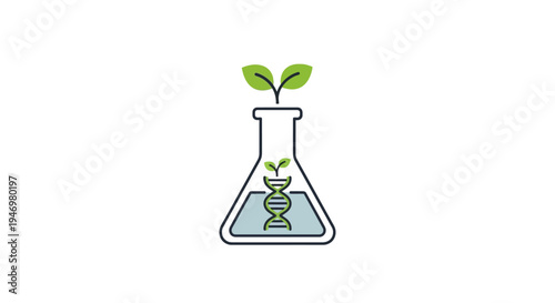 Green plant growing in beaker with liquid.