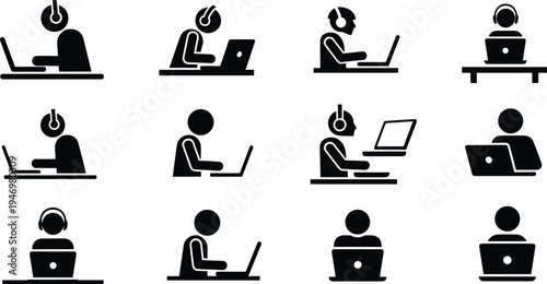 Set of people working on laptop icons with headset support operators and freelancers, remote work, online communication, customer service, and digital workspace concepts