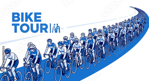 Group Cycling Tour Depiction, Highlighting Cyclists Riding in a Cohesive Formation
