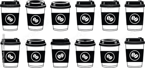 Set of takeaway coffee cup icons with lid and sleeve, simple disposable hot drink container illustrations for cafe, coffee shop branding, and beverage packaging