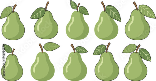 Set of fresh green pear fruit illustrations with leaves, simple flat style organic food icons for healthy nutrition design, grocery branding, packaging, and agriculture themes
