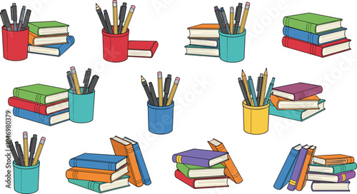Photos Collection of colorful books and pencil holder illustrations for education, scho