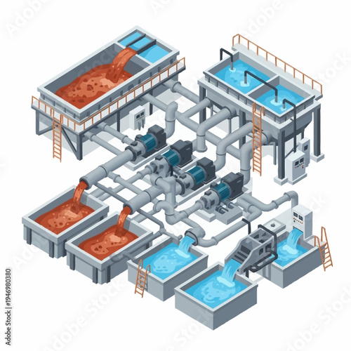 Isometric Industrial Water Treatment Plant with Filtration and Pumping System.