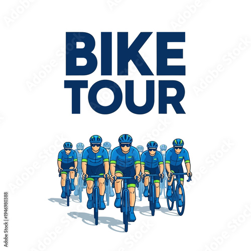 Group Of Cyclists Embarking on a Scenic Bicycle Tour with Vibrant Blue Uniforms and Helmets