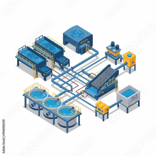 Isometric Industrial Water Treatment Plant with Tanks and Pipes.