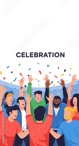 Group Of Diverse Individuals Celebrates A Memorable Moment With Upraised Arms and Confetti