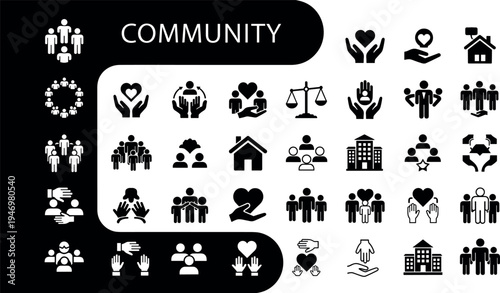 Large collection of community and charity icons featuring people silhouettes, hearts, helping hands, and social support symbols for non-profit organizations and volunteering.