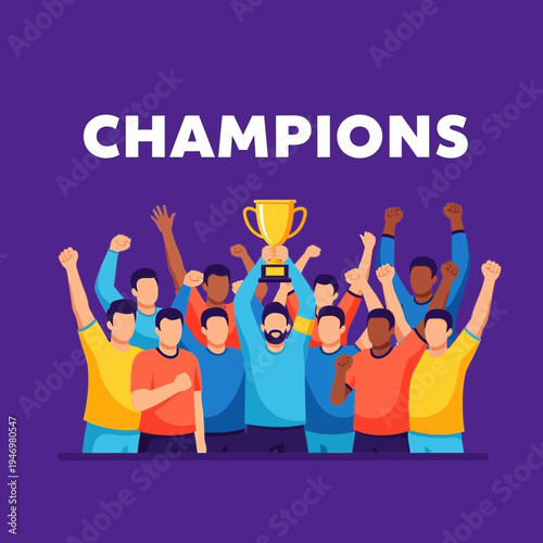 Group Of Diverse Individuals Celebrating Victory Holding A Trophy, A Symbolic Achievement