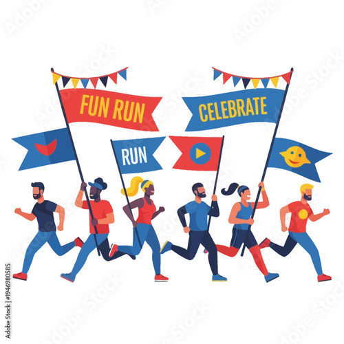 Group Of Diverse Runners Celebrate Success, Sporting Flags And Embodying Joyful Competition