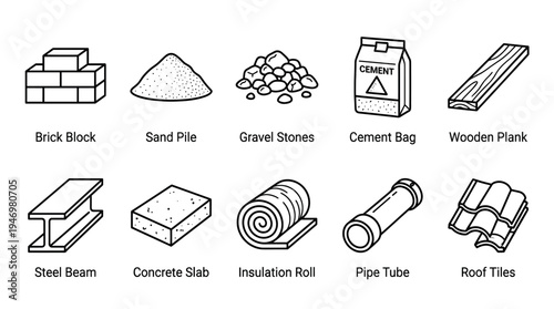 A collection of ten flat design outline icons representing various construction materials, including bricks, sand, gravel, cement, wood, steel, concrete, insulation, pipes, and tiles.