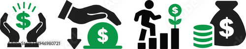 Finance and investment concept icon set with money protection, financial loss risk, business growth strategy, savings coin stack and wealth management vector illustration