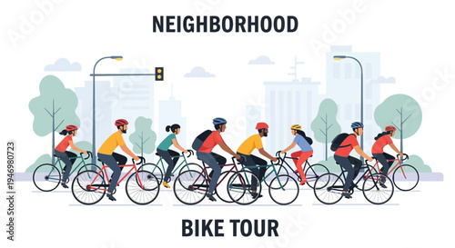 Group Of People Enjoying Cycling Tour Around The Neighborhood, Vector Illustration