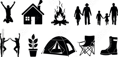 Large vector collection featuring black silhouettes of family, camping tent, bonfire, house, hiking boot, and people jumping for outdoor adventure activities.