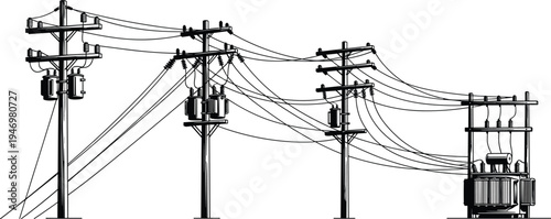 Detailed black and white illustration of utility poles, electrical transformers, overhead power