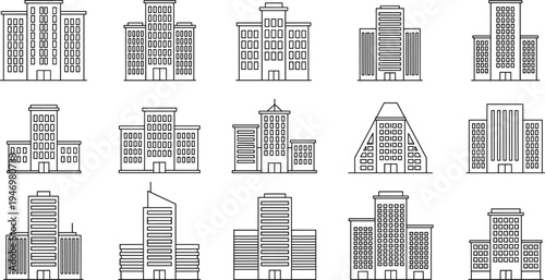 Set of modern city building line icons collection, simple outline architecture skyscraper symbols for urban infrastructure, real estate, construction, and cityscape design