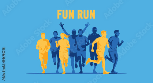 Group Of People Participating In A Fun Run Sporting Event With Blue Background