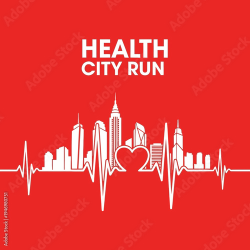 Healthy City Run: A Dynamic Visual Depicting Urban Wellness and Vitality in a Red Hued Composition