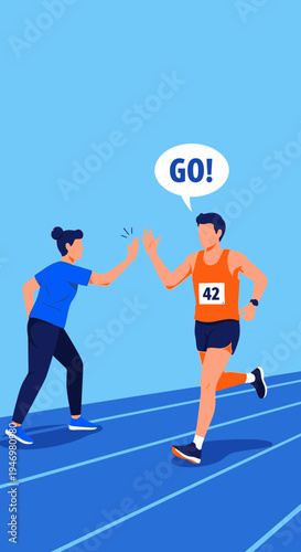 High Five Celebration Of Marathon Runner Reaching The Finish Line, Victory And Success