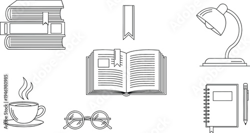 Reading and study line icons set with books open book glasses coffee cup desk lamp notebook and bookmark education outline vector illustration