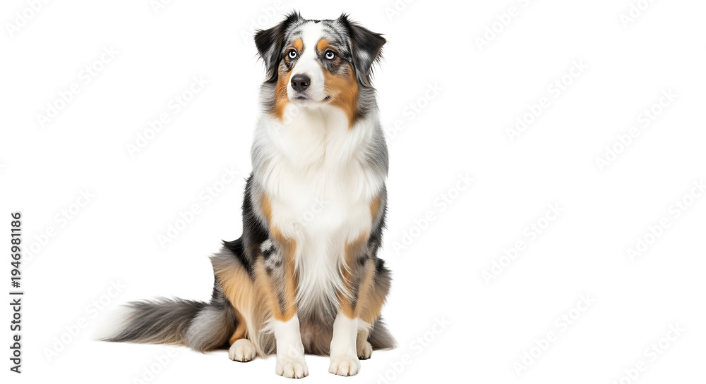 Fototapeta premium A blue merle Australian Shepherd dog sitting on a transparent background