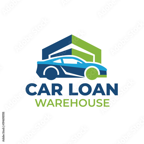 Modern car loan warehouse logo with green and blue vehicle silhouette