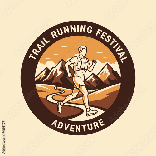 Iconic Emblem Illustrating Trail Running Festival Adventure With Majestic Mountain Backdrop