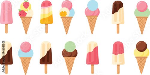 Ice cream desserts vector set with popsicles and waffle cones, colorful frozen sweet treats for summer menu design, dessert shops, cafe branding, and food illustrations