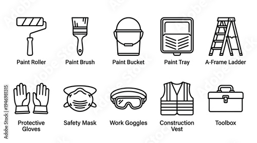 A collection of simple outline icons representing various painting tools and safety equipment, perfect for illustrating DIY projects or professional services.