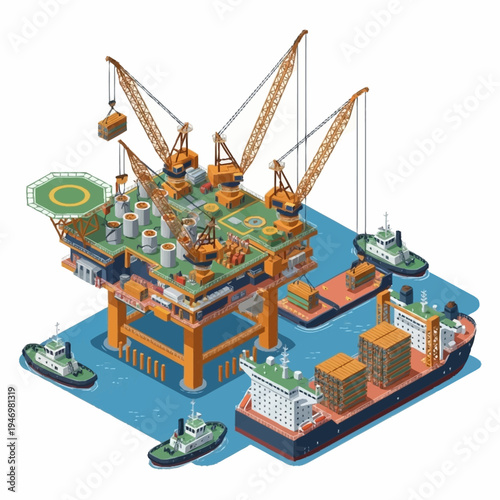Isometric offshore oil rig with supply ships and tugboats.